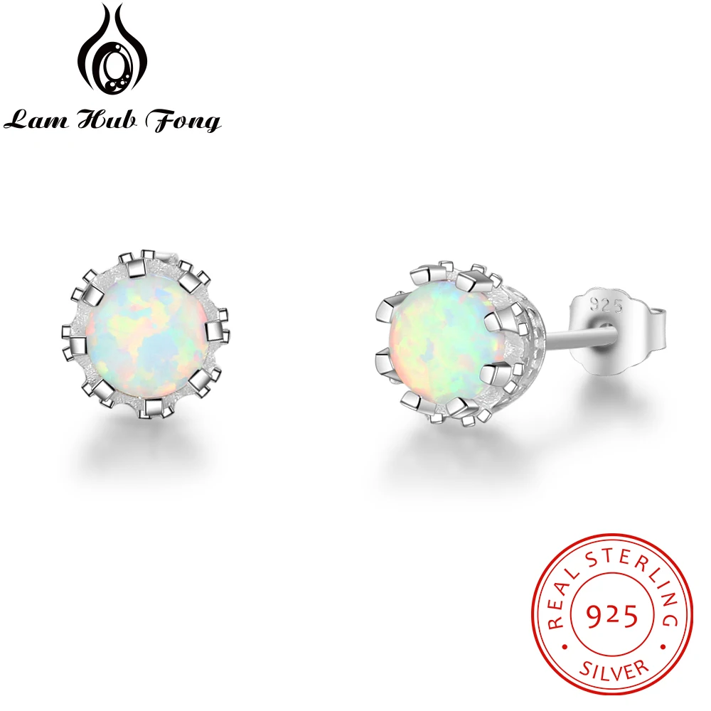 Женские серьги-гвоздики из серебра 925 пробы с круглым белым огненным опалом и