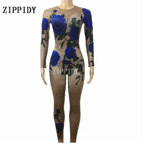 Fashion Blue Rose Flower Printed Colorful Rhinestones Bodysuit Performance Party Birthday Celebrate Shining Costume Dance Wear | Женская