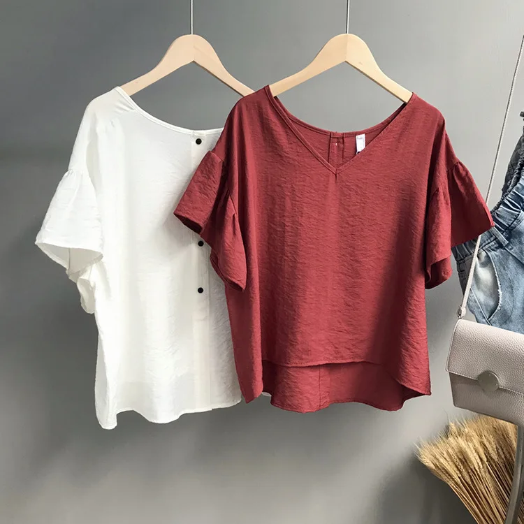 OPZC Summer New Korean Version of The 2018 Simple Solid V-neck Loose Doll Shirt Women's 878 |