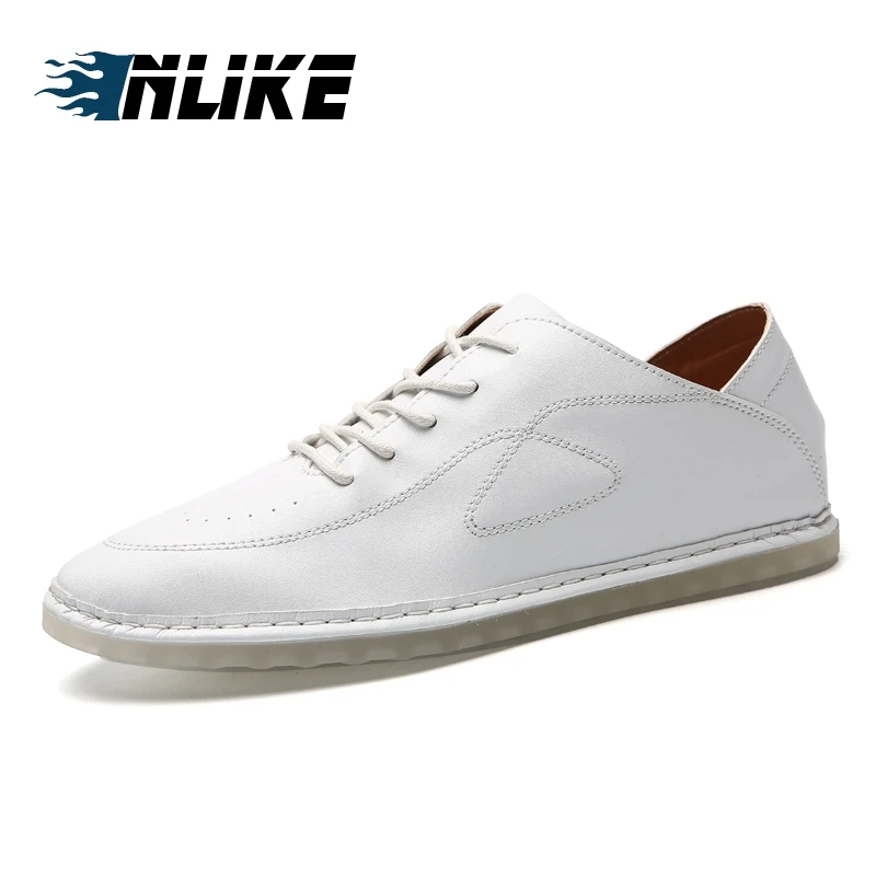 Inlike Big Size Men Flat Shoes Cow Leather Men Loafers Breathable Lace-Up Men Driving Shoes