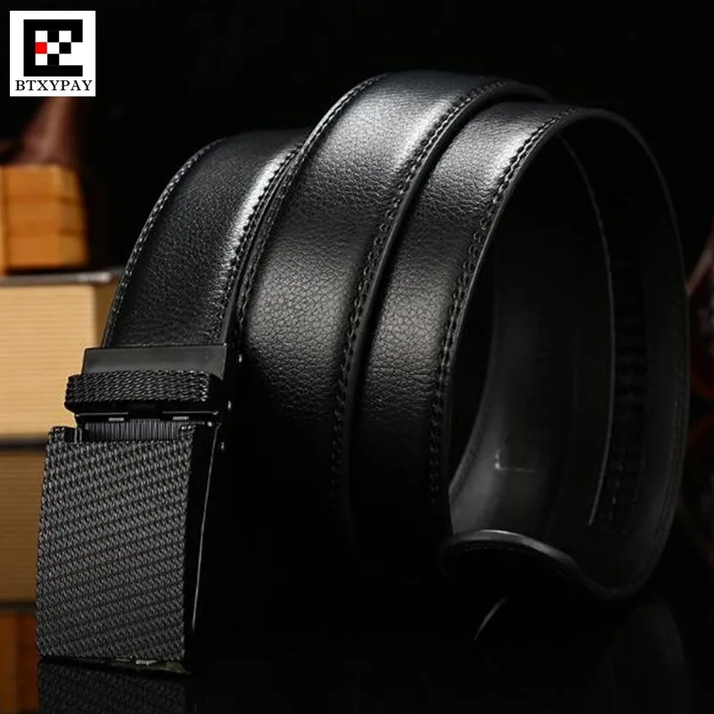 120p 3.5cm Width Men Genuine Leather Strap Waistband,Real Full Two-layer Cowhide Automatic Buckle Belt,with Belt Buckle,Gift Box