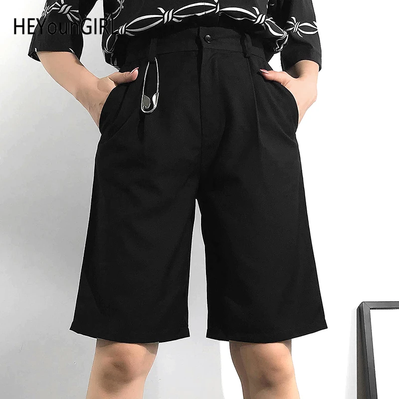 HEYounGIRL черные повседневные брюки капри до колена Элегантные Короткие штаны с высокой талией женские корейские укороченные брюки летние