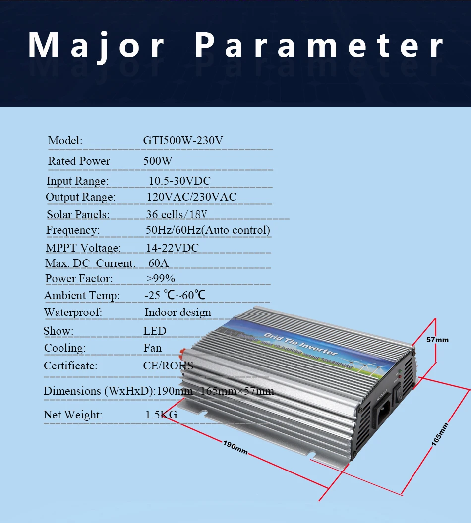 MAYLAR@ 500 Вт Солнечная Сетка галстук микро инвертор, 10.5-30VDC, 180-260VAC, 50 Гц/60 Гц, для Vmp17V панелей