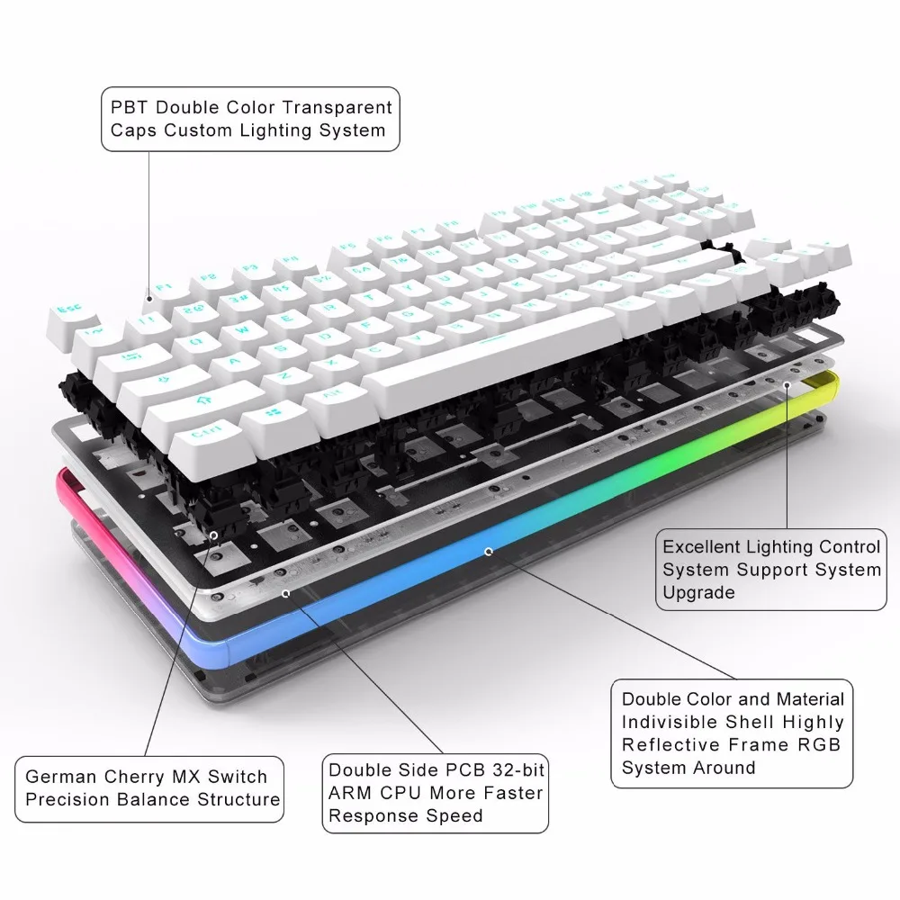 GANSS Радуга RGB с подсветкой Проводная Механическая игровая клавиатура Ganss G.S 87 PRO [Вишневый MX-RED переключатель]