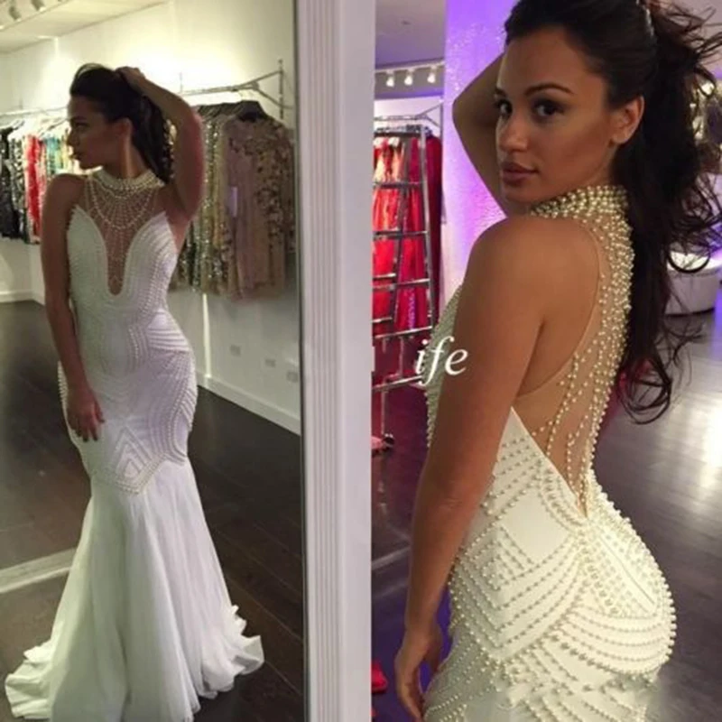 

Abendkleider White Evening Dress Long 2019 Mermaid Full Pearls Sexy Backless Prom Dress Formal Party Gown Robe De Soiree