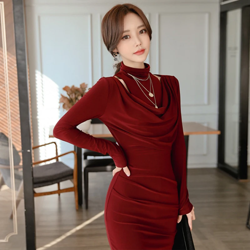 Elegant Stand Collar Full Sleeve Wine Red Women Dress 2019 Autumn Winter Slim Waist Midi Vestidos femme OL Style Female | Женская одежда