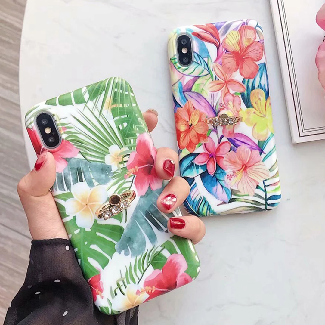 Luxury Finger Ring Holder Floral Phone Case For iPhone X XR XS Max Silicone Soft Shell 8 7 6 6S Plus Cover |
