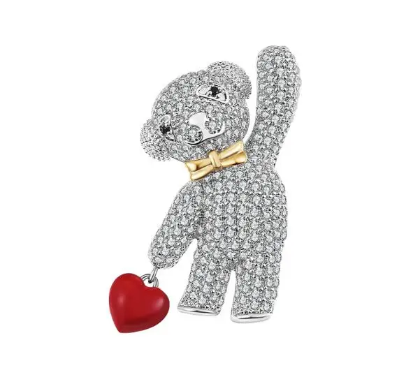 Lovely Bear Crystal Brooches for Women Sweet Teddy Holding Red Heart Enamel Pins Gold Bowknot Brooch Vintage Animal Jewelry - Окраска металла: silver