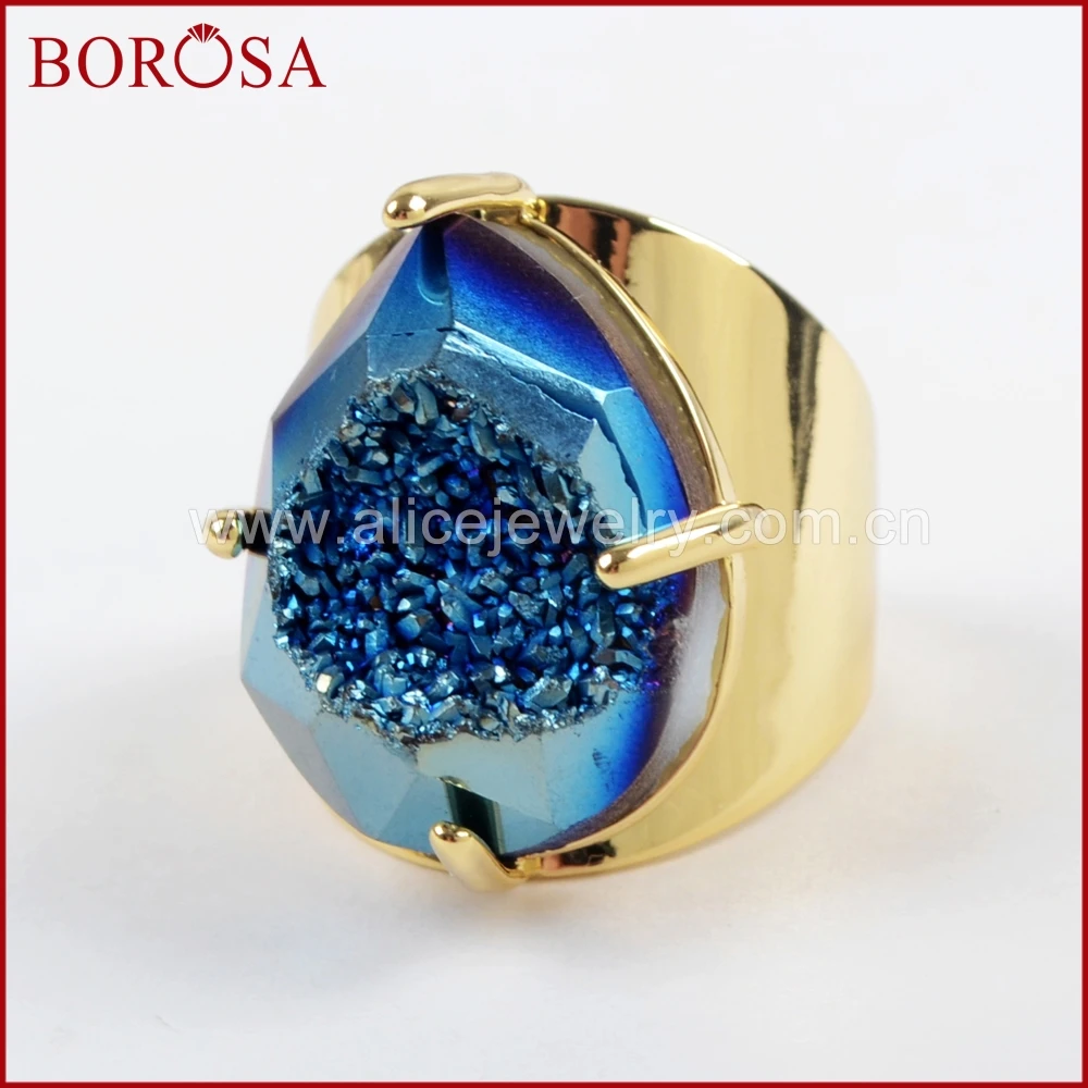 BOROSA 5 шт. каплевидный золотой цвет коготь Радужный Титан Druzy граненое кольцо, смешанные Drusy битые кольца ювелирные изделия для женщин ZG0310