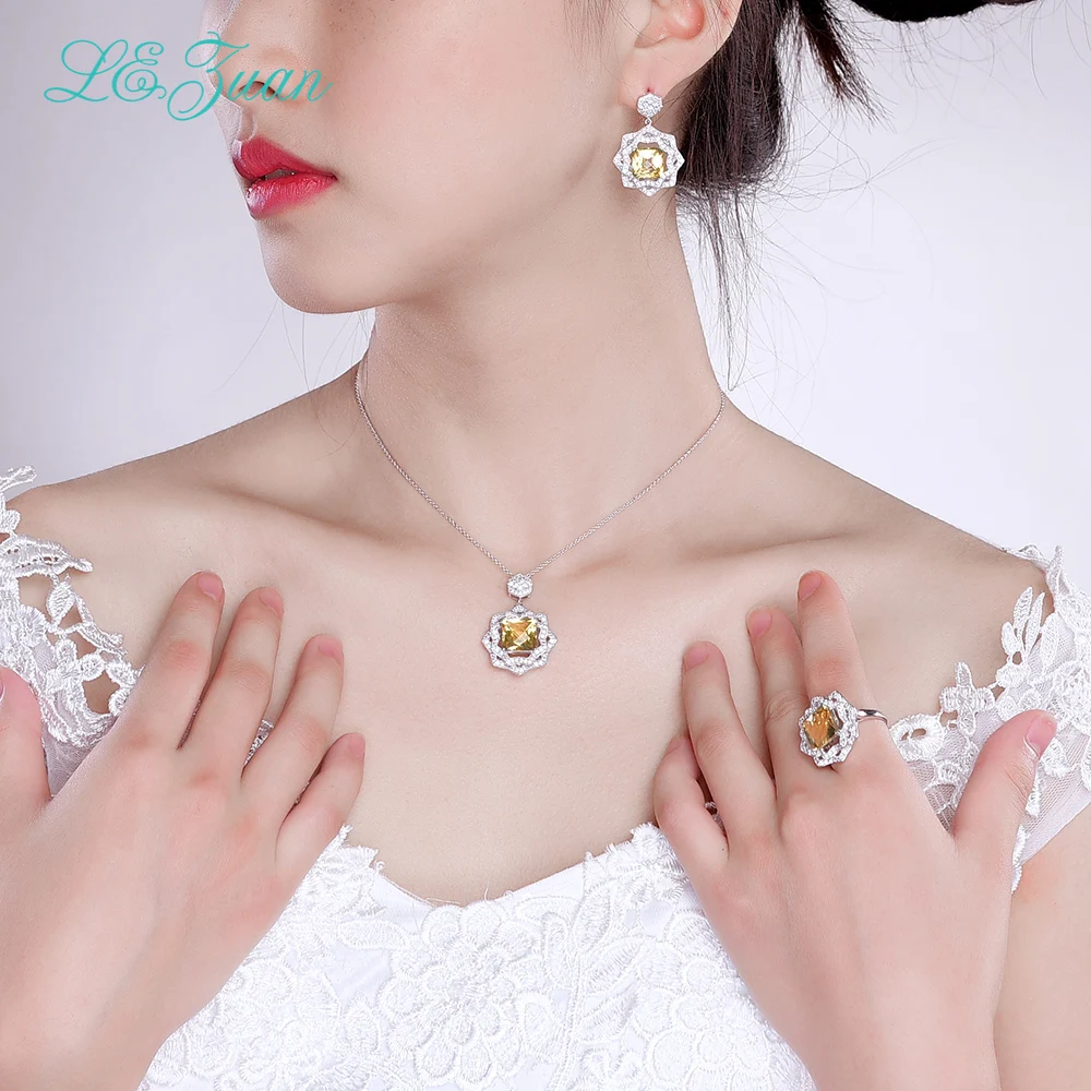 L& zuan 11.95CT каменный из натурального цитрина набор свадебных ювелирных изделий из чистого серебра 925 пробы прекрасные желтые серьги-гвоздики с камнями/кулон