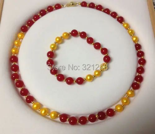 

Fashion 8MM golden simulated-pearl shell red chalcedony jades round beads necklace bracelet set for women jewelry 18"/7.5"BV73