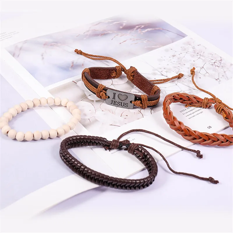 Мужской кожаный браслет Homens Pulseira многослойный с бусинами повседневные ювелирные