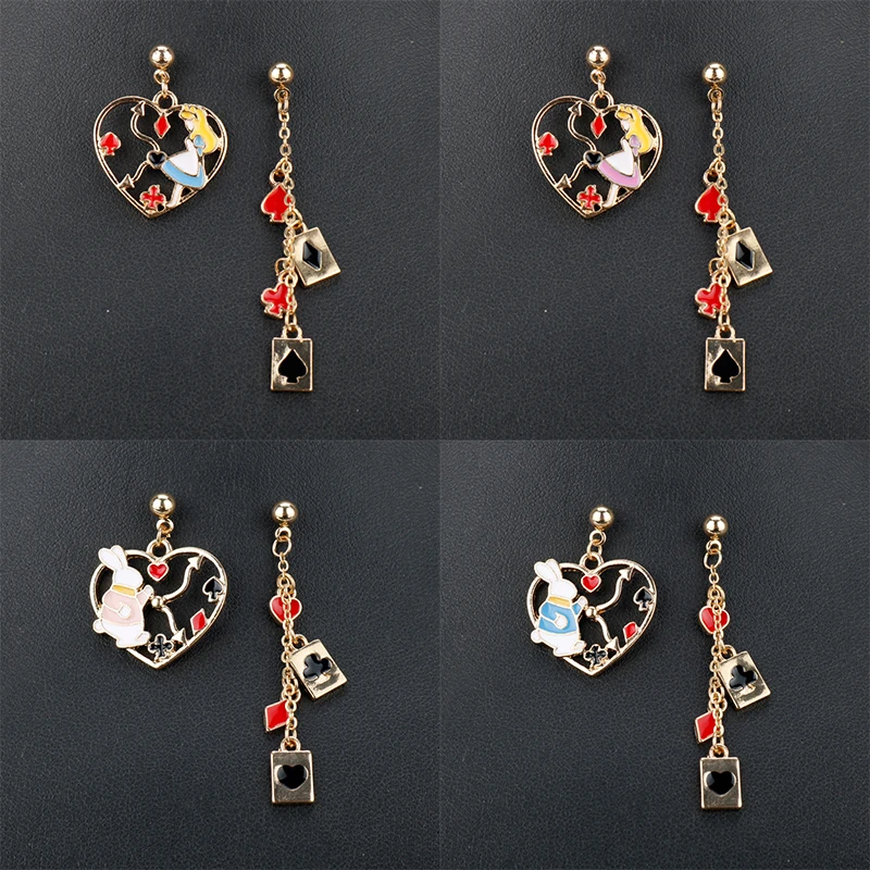 

Fashion Women's Earring Cartoon Enamel Alice Wonderland Rabbit Bunny Asymmetric Anime Princess Pendant Girl Party Gift