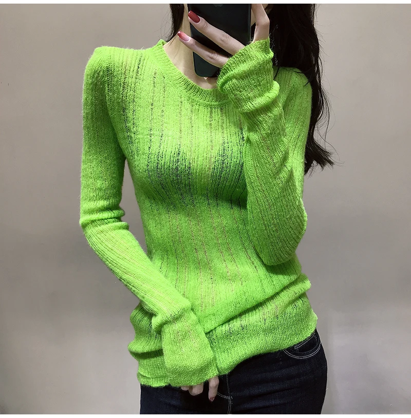 Женский свитер из мохера с круглым вырезом Мягкий Вязаный топ тонкий сексуальный