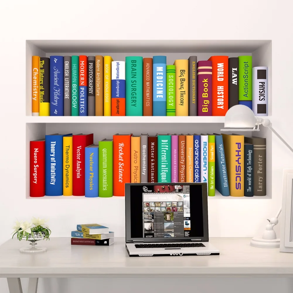 

3d Book Bookshelf Funny Living Room Kids Bedroom Study Decorations Wall Sticker Home Decor Poster Mural Wallpaper