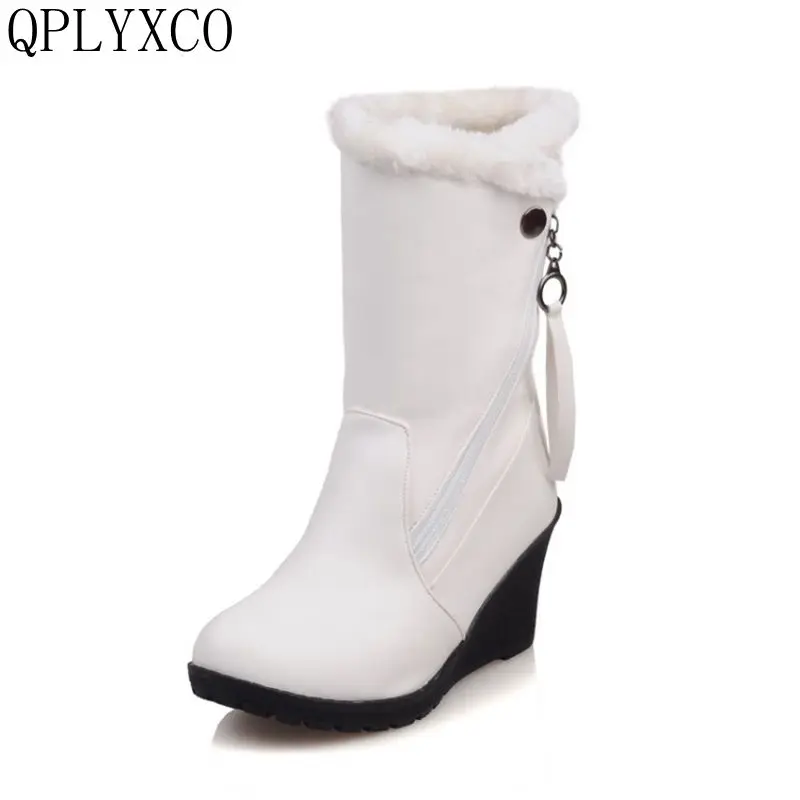 

QPLYXCO 2017 New sale Big Size 30-52 Women Winter Warm Snow Boots Ladies Sweet Mid Calf Botas Woman Round Toe Zipper Shoes 1573
