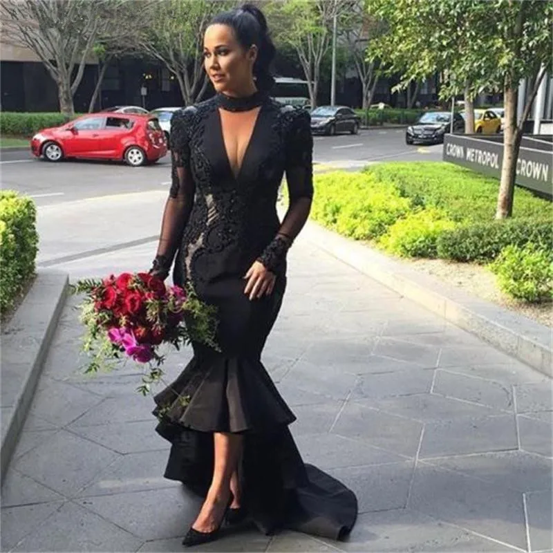 New 2017 Style Saudi Arabia Mermaid Prom Dresses High Neck Long Sleeve Party Dress Appliques Evening Robe de soiree longue | Свадьбы и