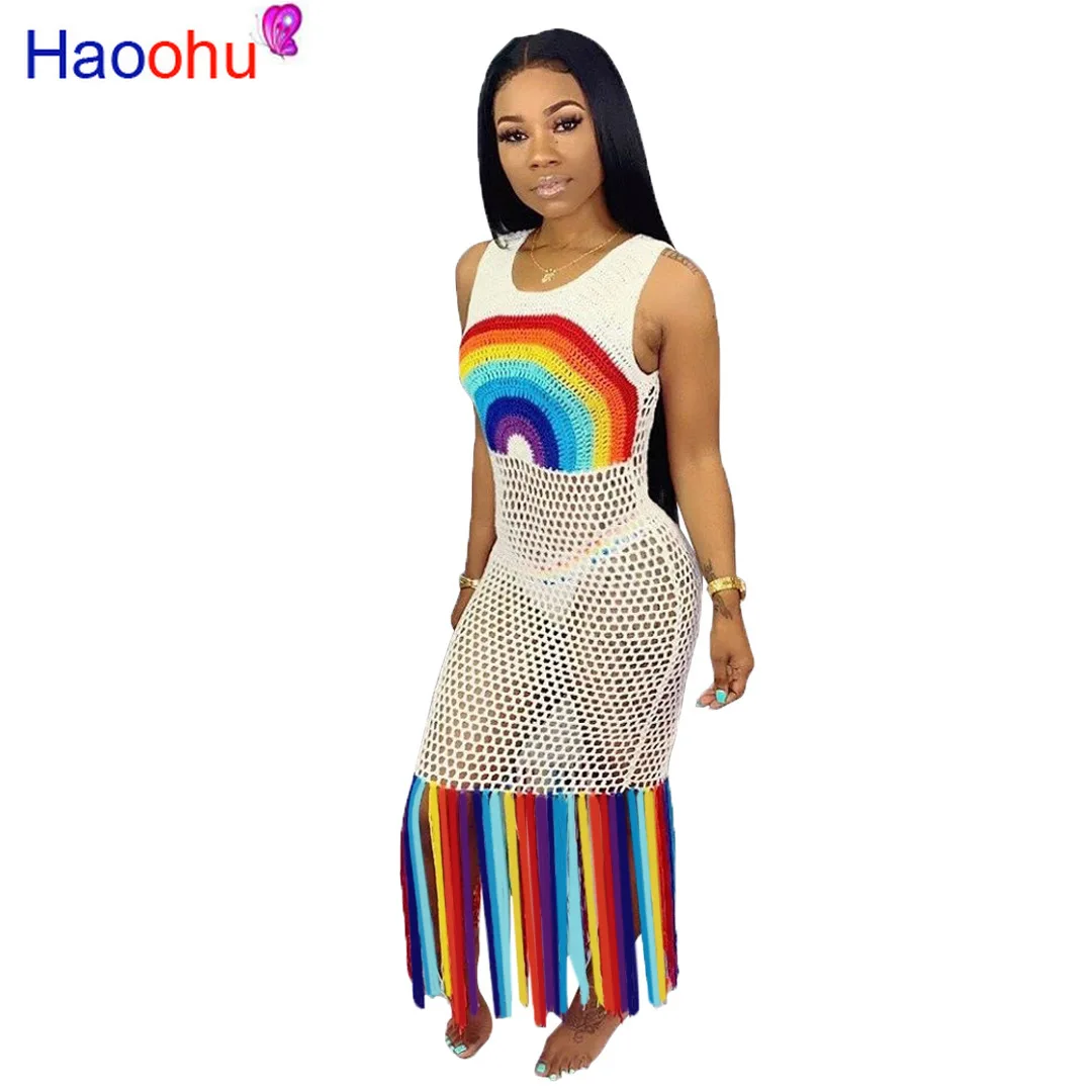 

Rainbow Tassel Sexy Beach Boho Dress Women Fishnet Hollow Out See Through Party Dress Summer O Neck Sleeveless Bandage Maxi Robe