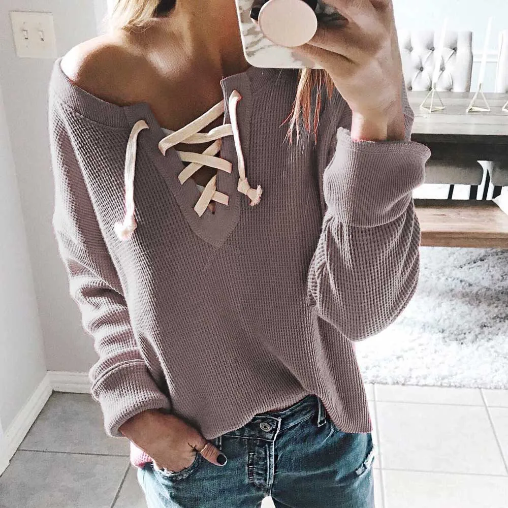 Свитер женский вязаный с длинным рукавом и V-образным вырезом на осень/зиму |