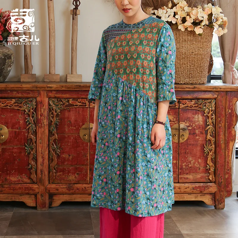 Jiqiuguer Pastoral Floral Dress Loose Ethnic Print Patchwork Long Pullover Comfortable Fabric Dresses G191Y030 | Женская одежда