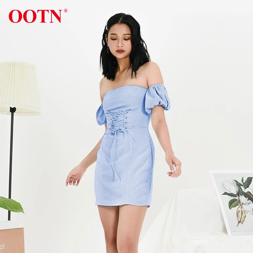 OOTN голубое белое клетчатое летнее платье с открытой спиной для женщин высокой