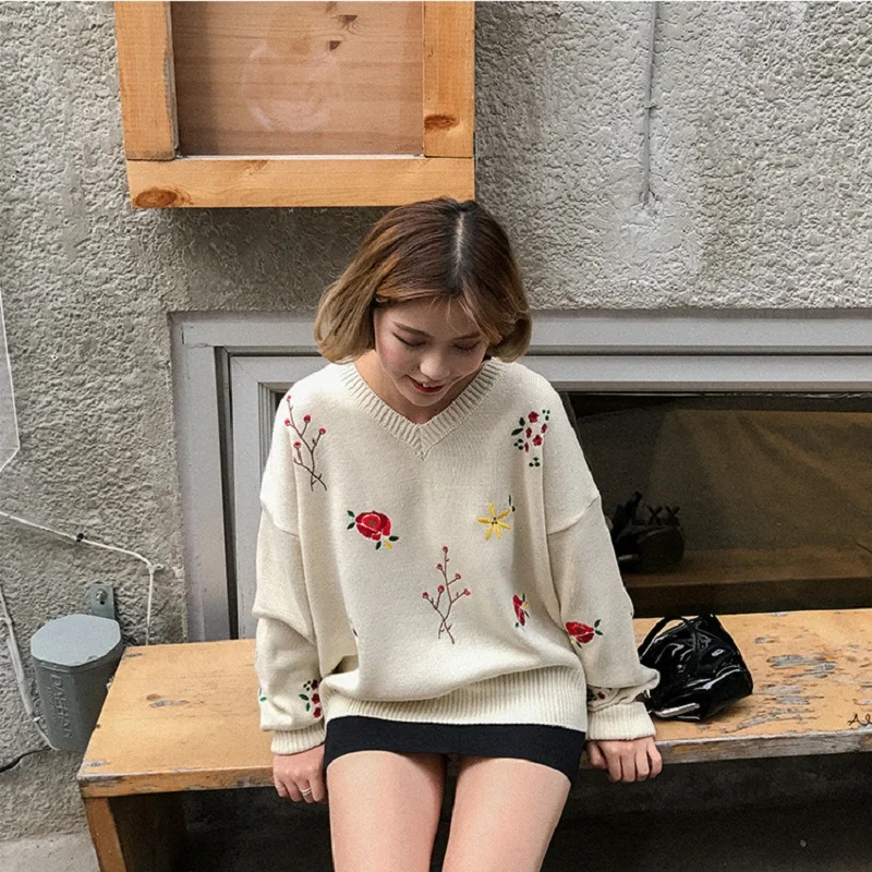 2018 Новый Harajuku Элегантный Модный каваи цветочный пуловер с вышивкой Женские