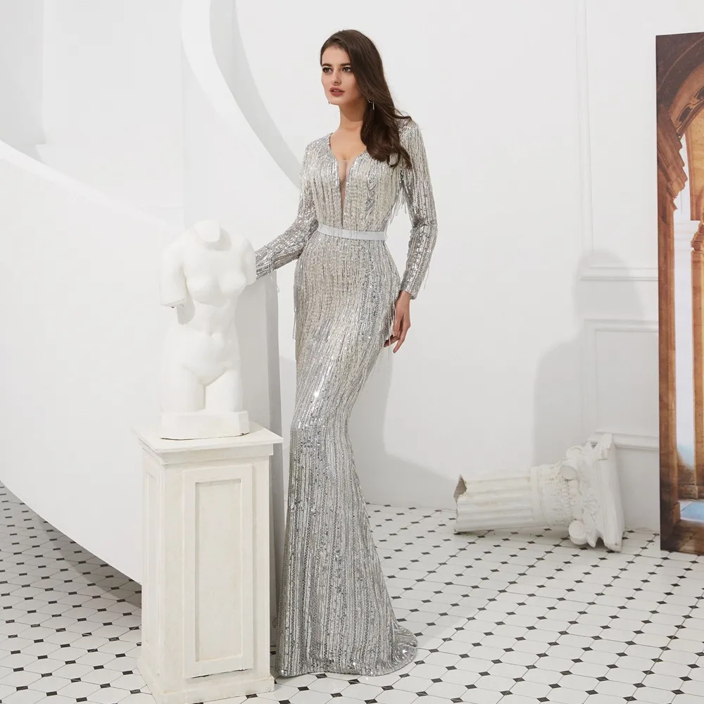 CEEWHY Robe Soiree Дубай вечернее платье с длинными рукавами блестящее блестками для