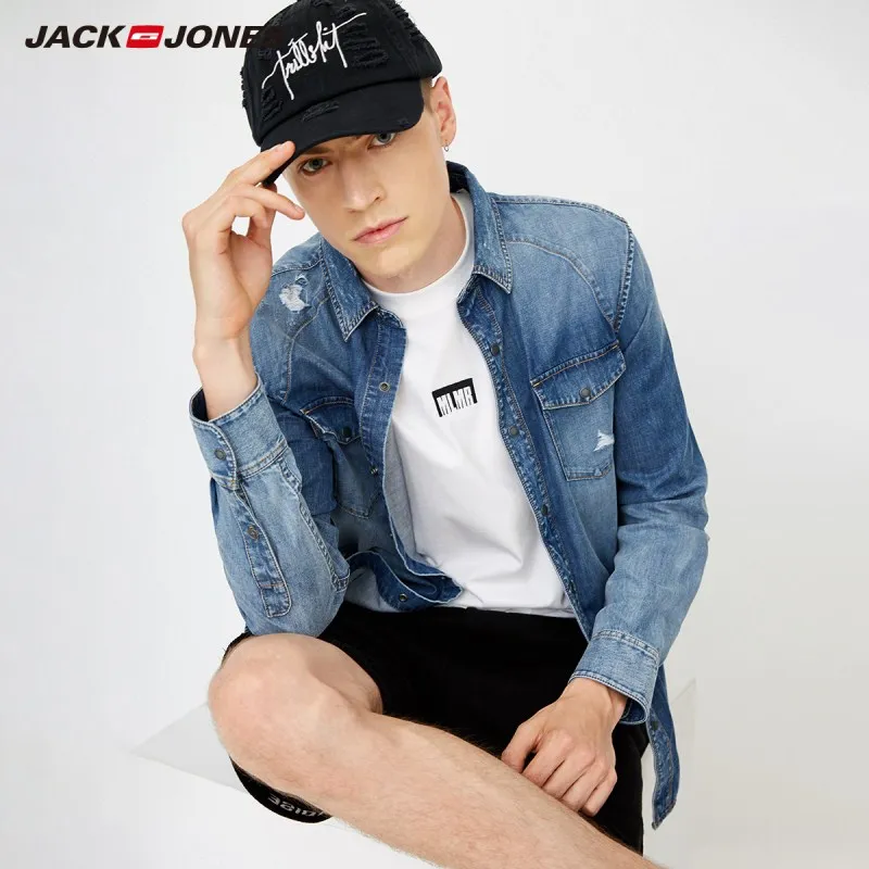 Мужская джинсовая рубашка JackJones из 100% хлопка с острым воротником и длинными