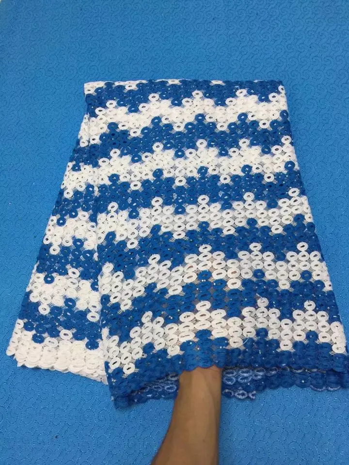 

5Yards/pc Hot sale white and royal blue african milk silk lace embroidery french mesh lace fabric with beads for dress BM12-1
