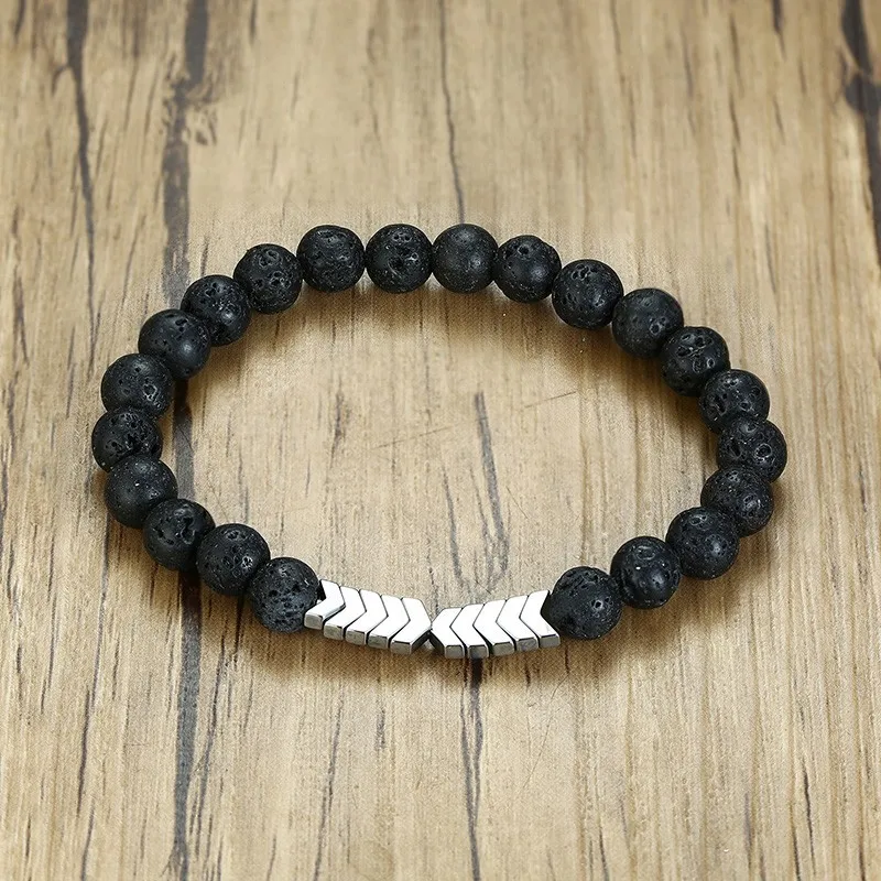 Vnox Mens Volcanic Lava Stone Beads Essential Oil Diffuser Bracelets for Women Healing Balance Yoga Magnet Arrow Charm - Окраска металла: Silver