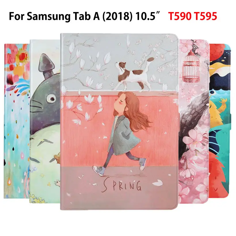 

Slim PU Leather Case For Samsung Galaxy Tab A A2 2018 10.5" T590 T595 T597 Smart Cover Funda Tablet Painted Shell+Film+Stylus