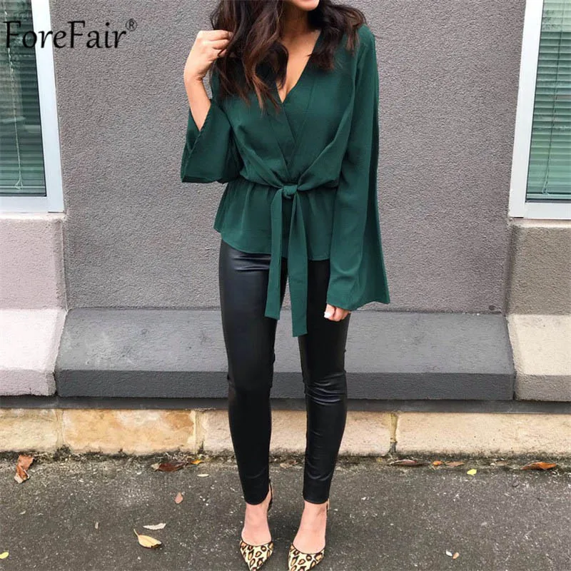 Зеленый ForeFair Весенние длинные расклешенные рукава V шеи Блузки с лентами зеленые женские летние топы Мода - Цвет: Зеленый