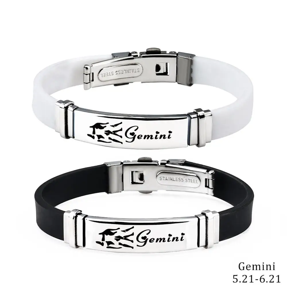 Gemini 2 шт./компл. пара 12 созвездий силиконовый браслет Модные украшения Нержавеющая сталь Повседневное зодиака резиновый браслет Для мужчин Для женщин - Окраска металла: Gemini