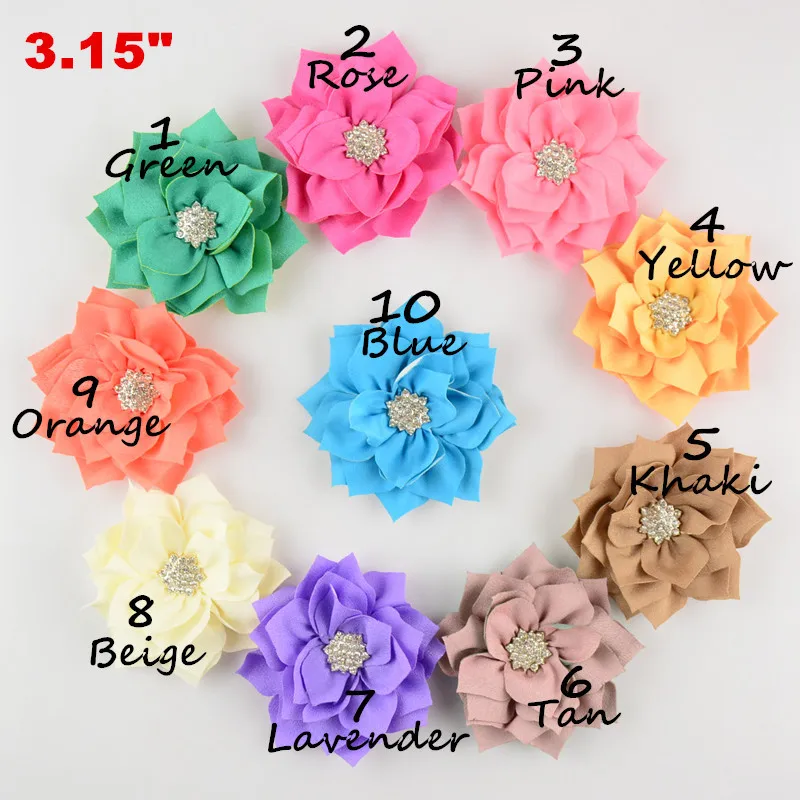 

MeangNa 50pc/lot 3" Girls Fabric Flower w/ rhinestone button for wholesale in apparel Kids Children Hair Accessories