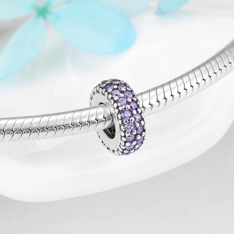 Round shape Spacer bead 925 Sterling Silver purple Sparkling zircon Fine Bead Fit Original Women Charm Bracelet Jewelry making | Украшения
