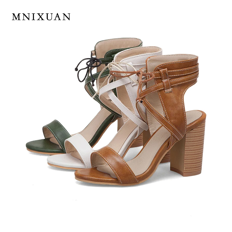 

MNIXUAN Europe retro women shoes 2019 new fashion summer lady gladiator sandals lace up open tpe block high heels big size 34-43