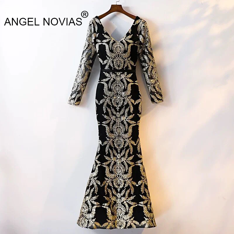 Платье с открытой спиной ANGEL NOVIAS Черное и Золотое вечернее платье блестками в
