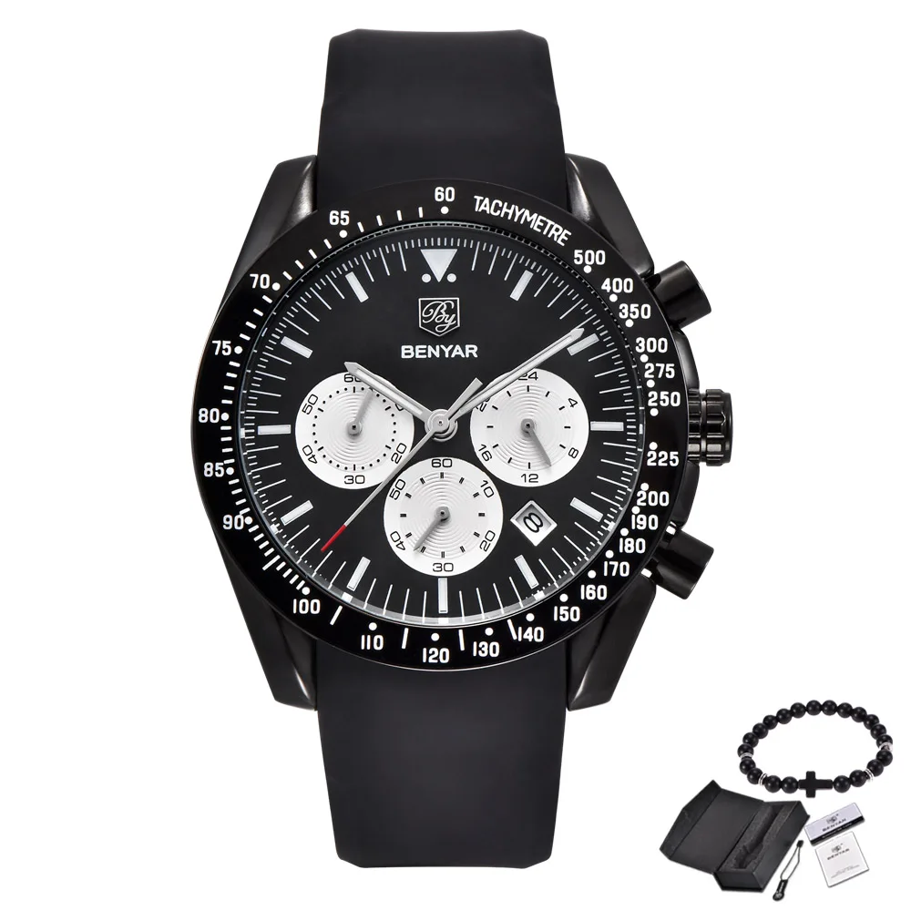 Sil BB black white Топ люксовый бренд BENYAR мужские часы спортивные бизнес Стальные кварцевые часы повседневные мужские наручные часы с хронографом Relogio Masculino - Цвет: Sil BB black white