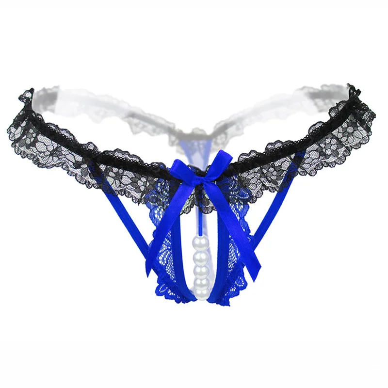 Blue VDOGRIR женское сексуальное нижнее белье Горячие Эротические трусики открытое Кружевное боди кружевное нижнее белье с вырезами трусики-Танга трусы с жемчугом Femme - Цвет: Blue