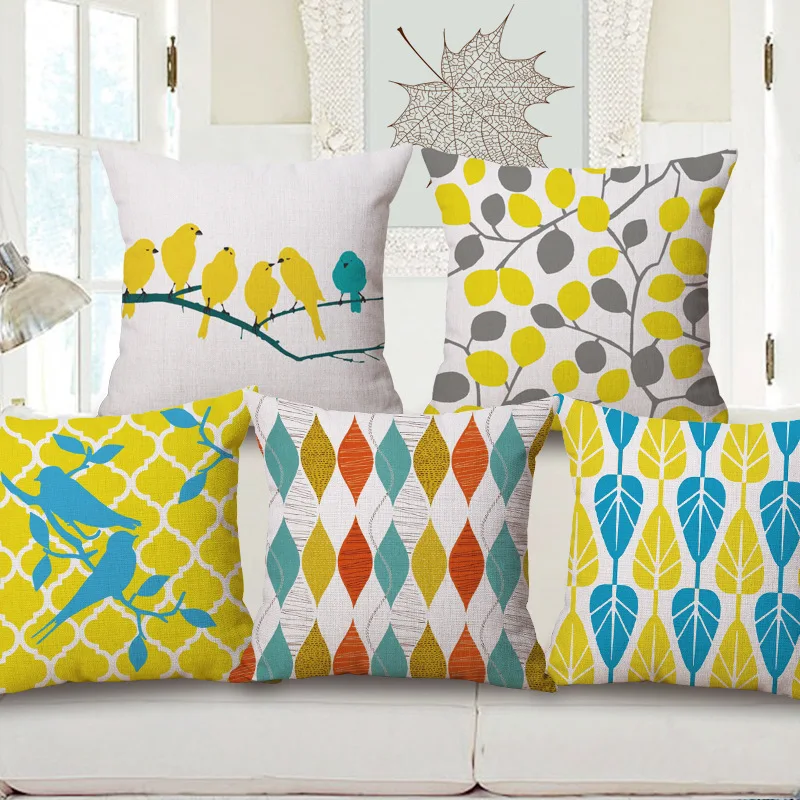 Yellow Series Tree Birds Cushion Cover Pillow Case Geometric Covers Thin Linen Cotton Bedroom Sofa Decoration | Дом и сад
