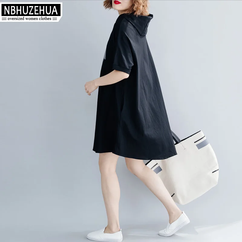 NBHUZEHUA женское платье 2019 летнее с капюшоном черное свободное ТРАПЕЦИЕВИДНОЕ