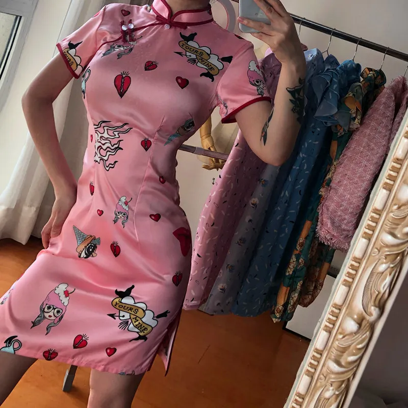 Модные платья Cheongsam с милым принтом в китайском стиле женские атласные Qipao