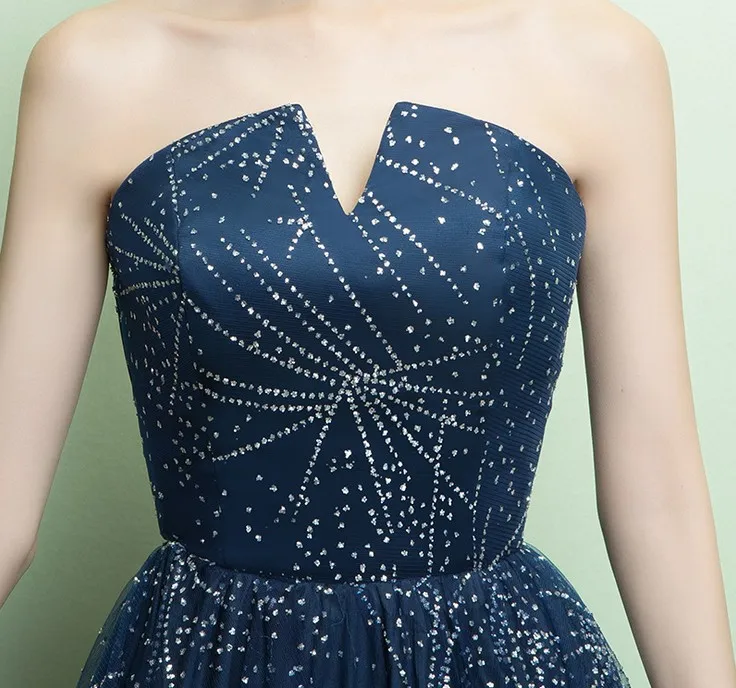 Женское вечернее платье без бретелек синее блестящее для выпусквечерние вечера