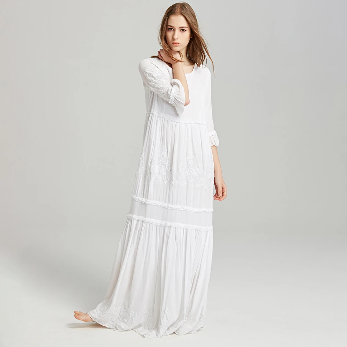 Женское платье макси с вышивкой Красное или белое однотонное длинное пляжное в
