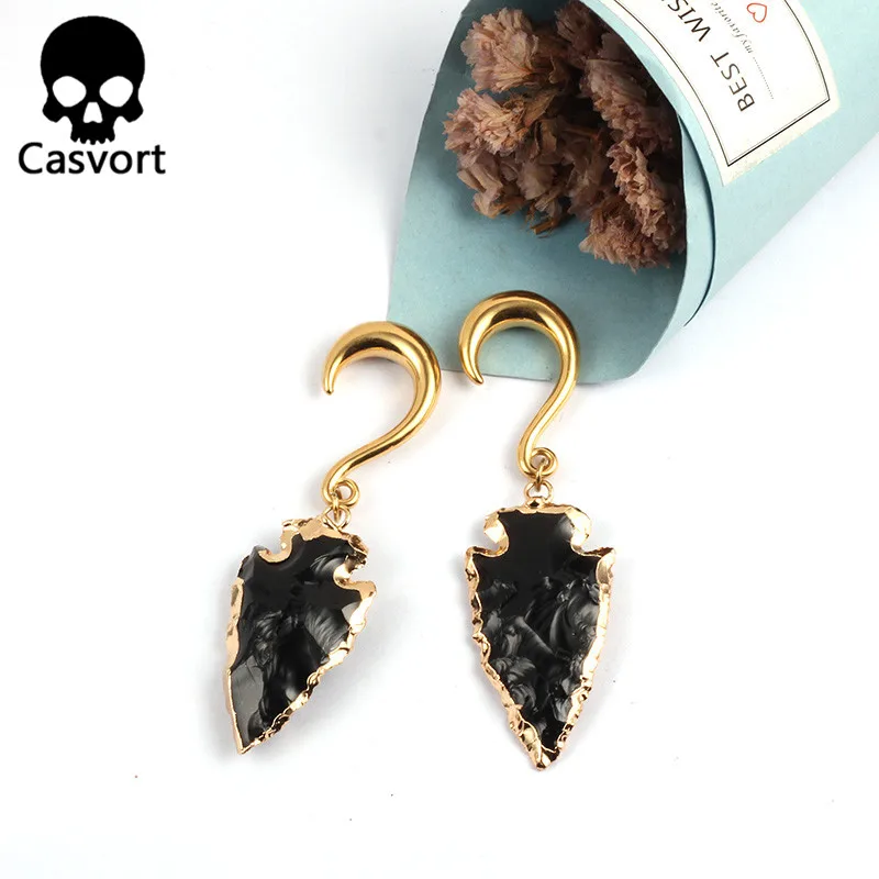 Casvort Новое поступление нерегулярный натуральный камень затычки для ушей болтаются тоннели для ушей из нержавеющей стали золотые ушные крючки для пирсинга тела