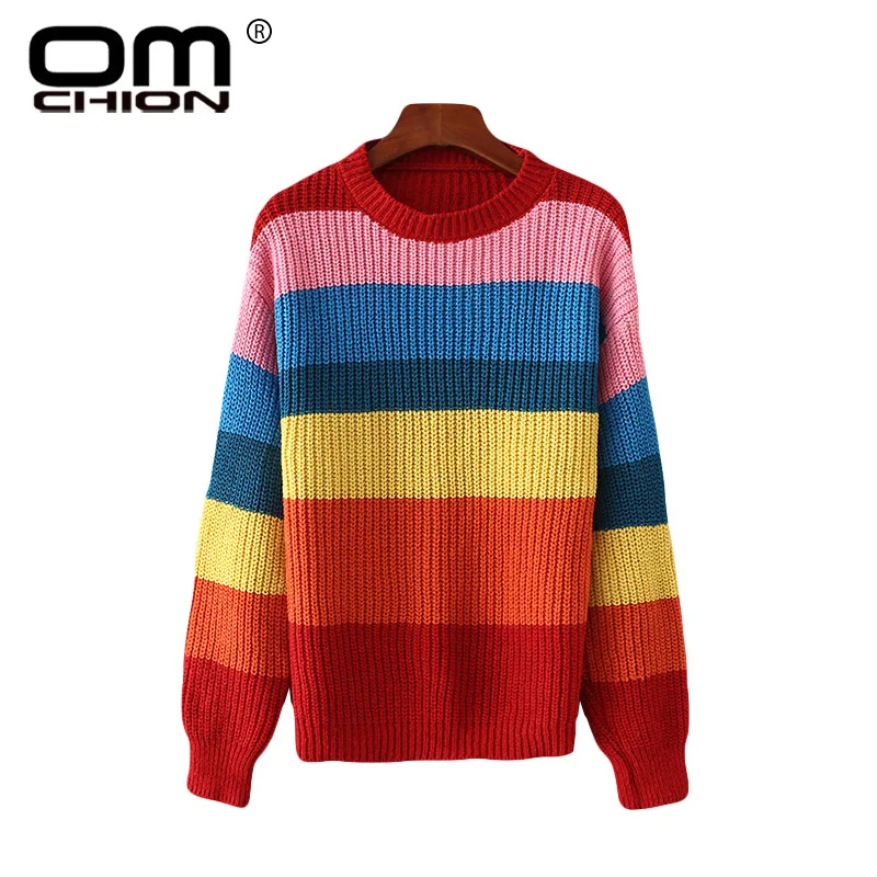 OMCHION Sueter Muje 2018 Autumn O Neck Chic Rainbow Sweater Casual Loose Retro Women Pullover Korean Knitwear Jumper LMM177 | Женская