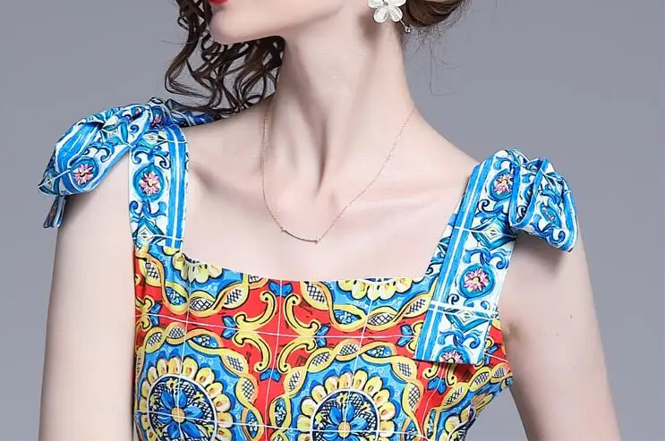Летние взлетно посадочной полосы платье женские красочные фарфоровые с бантом
