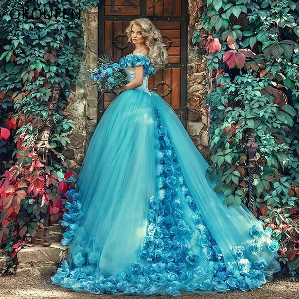 Quinceanera Dresses 2021 Cinderella 3D Handmake Flowers Blue Ball Gown ...