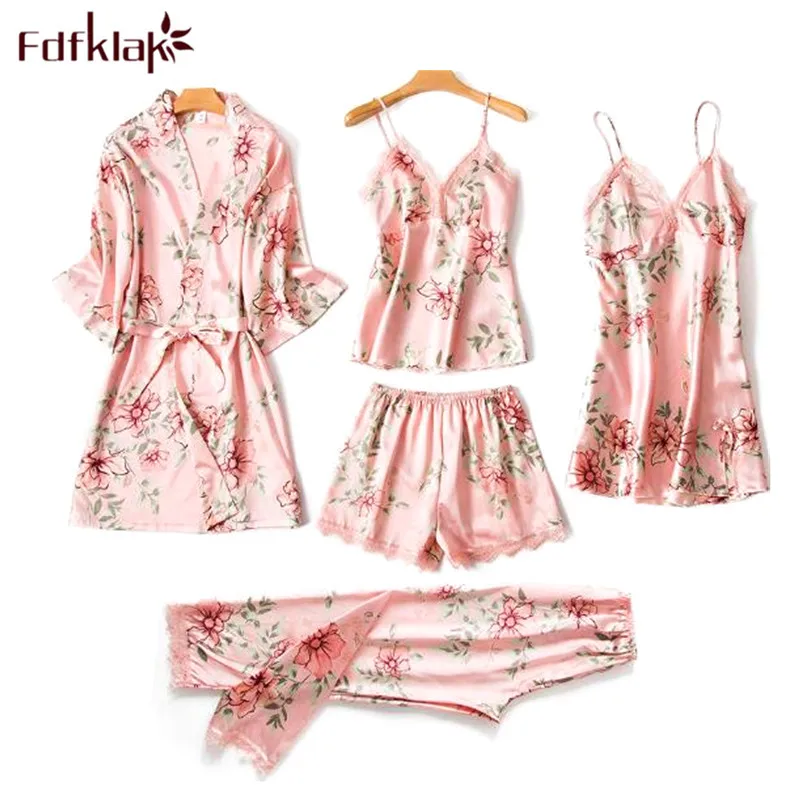 

5 pieces set spring autumn pajamas for women silk satin sleepwear home clothes print women's pyjamas sets pijama mujer 2019