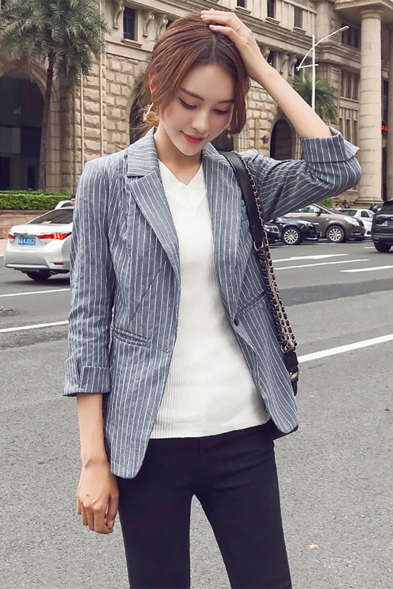 

Women's Blazers Jacket Suit Casual Striped Jacket Single Button Spliced Sweet Outerwear Blaser Feminino